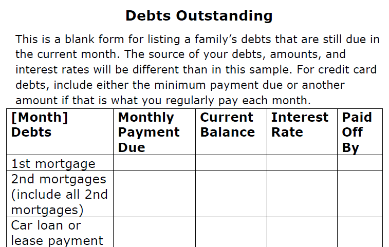 Image of Debts Outstanding Form (not filled-in)