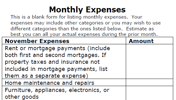 Image of Monthly Expenses Form (not filled-in)