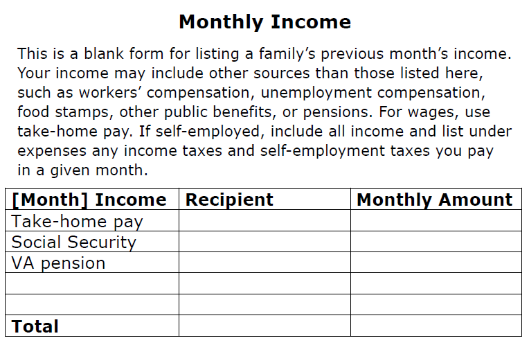 Image of Monthly Income Form (not filled-in)