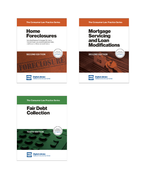 covers of NCLC treatises that include content on zombie second mortgages: Home Foreclosures, Mortgage Servicing and Loan Modifications, and Fair Debt Collection