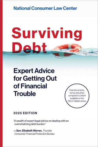 The front cover of Surviving Debt, 2025 edition, which depicts a life preserver floating on water