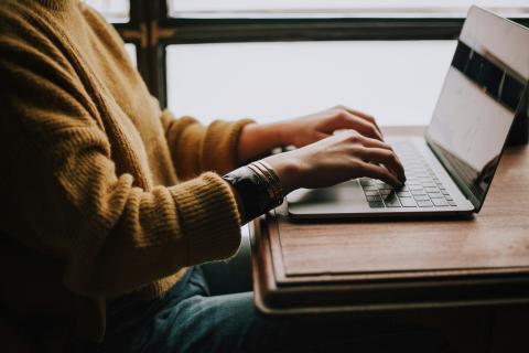 photo depicts the hands of a white woman using a laptop