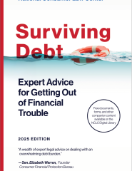 The front cover of Surviving Debt (2025). The majority of the cover is white. A wavy swash of light blue depicting the top of a body of water crosses the cover, separating the top third from the bottom. Bobbing on the surface of the water, sitting next to the title, is an orange life preserver. 