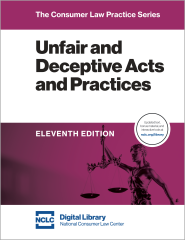 image of the front cover of Unfair and Deceptive Acts and Practices treatise depicting a silhouette of Lady Justice against a dark magenta background