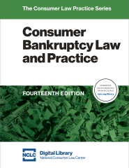 image of the front cover of Consumer Bankruptcy Law and Practice. The cover is white with green highlights and a photo of crumpled cash.