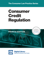 front cover of the fourth edition of nclc's consumer credit regulation, a white and teal color-blocked cover that has LOANS in a neon sign under the title