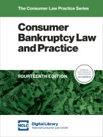 front cover of NCLC's Consumer Bankrupcy Law and Practice treatise.  The cover is white with green highlights, and an image of crumbled cash.