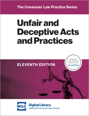 image of the front cover of Unfair and Deceptive Acts and Practices treatise depicting a silhouette of Lady Justice against a dark magenta background
