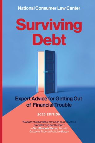 Image of the cover of Surviving Debt, 2023 edition, which has an illustration of a door opening and light pouring through